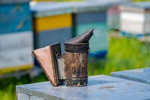 Bee smoker on hive. Hives background at apiary. Works on the apiaries in spring. photo