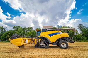 Ripe harvest concept.Yellow combine. Crop panorama. Cereal or wheat gathering. Heavy machinery. Blue sky above field. photo