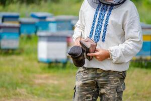 Old bee smoker. Tool of the beekeeper. Everything for a beekeeper to work with bees. Bee smoker in bee keepers hands. photo