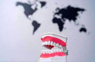 Artificial teeth model. World map background. Dental hygiene and health concept. photo