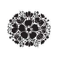 Black line floral composition in a circle, decorative botanical vector element Silhouette