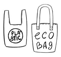Doodle of plastic bag and eco bag. Problem of plastic. Hand drawn vector illustration. Ecology theme simple drawing isolated on white. Black contour elements for design