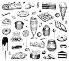 Set of sweet food sketches. Collection of varied delicious desserts. Hand drawn vector illustration in retro style. Outline cliparts isolated on white background.