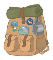 Hiking backpack clipart. Journey attribute, outdoor adventure doodle isolated on white. Cartoon vector illustration.