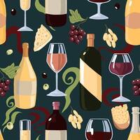 Wine bottles, glasses, cheese, grapes, olives. Hand drawn vector seamless pattern. Colorful flat background in retro abstract style. For design, print, decor, wallpaper, fabric, textile, wrap, card.