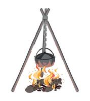 Campfire doodle. Clipart of cauldron over the fire on tripod. Cartoon vector illustration isolated on white.