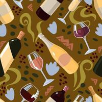 Wine bottles, glasses, cheese, grapes, olives. Hand drawn vector seamless pattern. Colorful flat background in retro abstract style. For design, print, decor, wallpaper, fabric, textile, wrap, card.