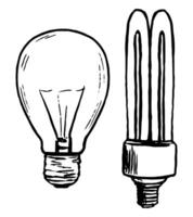 Doodle of simple and energy saving light bulbs. Hand drawn vector illustration. Ecology theme drawing isolated on white. Single black contour element for design