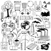 Collection of ecology theme doodles and writtens. Hand drawn vector illustration for design. Contour drawings of green energy, recycle, organic, save planet. Black sketches elements isolated on white.