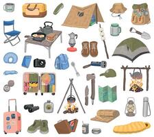 Travelling doodles collection. Set of camping items, hiking equipment, journey attributes. Vector illustration in cartoon style isolated on white.