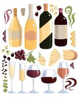 Wine bottles, glasses, cheese, grapes, olives, abstract shapes. Collection of flat hand drawn vector illustrations. Colorful elements in scandinavian style. Set for design, print, decor, card, sticker