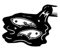 Dead fish in polluted water. Contaminated water problem. Hand drawn vector doodle illustration. Ecology theme simple drawing isolated on white. Black contour element for design, print, poster, banner.