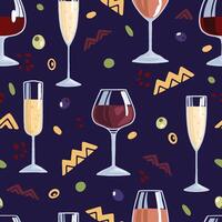 Wine bottles, glasses, cheese, grapes, olives. Hand drawn vector seamless pattern. Colorful flat background in retro abstract style. For design, print, decor, wallpaper, fabric, textile, wrap, card.