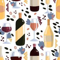 Wine bottles, glasses, cheese, grapes, olives. Hand drawn vector seamless pattern. Colorful flat background in retro abstract style. For design, print, decor, wallpaper, fabric, textile, wrap, card.