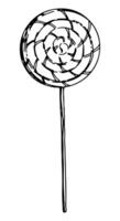 Lollipop candy sketch. Single dessert, sweet food doodle. Hand drawn vector illustration in retro style. Outline clipart isolated on white background.
