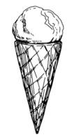 Ice cream cone. Single sketch of sweet food, dessert. Hand drawn vector illustration in retro style. Outline clipart isolated on white background.