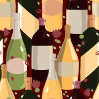 Wine bottles and abstract shapes. Hand drawn vector seamless pattern. Colorful flat background with alcoholic beverages in scandinavian style. Design for print, decor, wallpaper, fabric, textile, wrap