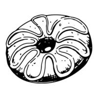 rosquilla con Formación de hielo. soltero bosquejo de dulce alimento, postre. mano dibujado vector ilustración en retro estilo. contorno clipart aislado en blanco antecedentes.