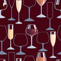 Wine glasses, empty and full. Hand drawn vector seamless pattern. Colorful flat background in scandinavian style. Simple abstract design for print, decor, wallpaper, fabric, textile, wrapping paper.