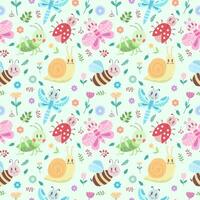 Seamless pattern with cute insects, flowers and leaves. Grasshopper, dragonfly, butterfly, ladybug, bee, snail. Vector