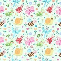 Seamless pattern with cute insects, flowers and leaves. Grasshopper, dragonfly, butterfly, ladybug, bee, snail. Vector