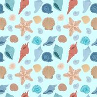 Seamless pattern with different sea shells on a light blue background. Flat vector