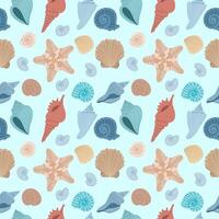 Seamless pattern with different sea shells on a light blue background. Flat vector