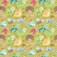 Seamless vector pattern with different cartoon insects on a green background. Cute print for your projects