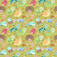 Seamless vector pattern with different cartoon insects on a green background. Cute print for your projects