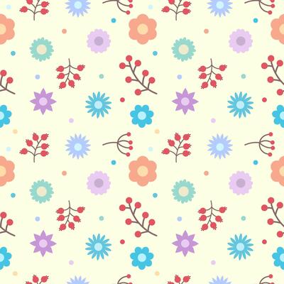 Seamless pattern with branches of berries, flowers and a small polka dot on a light background, vector