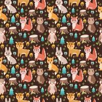 Seamless pattern with cute forest animals - squirrel, owl, bear, deer, hare on a brown background. Cute childish design for your projects vector