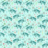 Seamless pattern with cute cartoon mantises on a green background. Vector