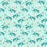 Seamless pattern with cute cartoon mantises on a green background. Vector