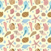 Multi-colored shells seamless pattern on a light yellow background. Good for prints, designs, clothing and other projects vector
