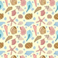 Multi-colored shells seamless pattern on a light yellow background. Good for prints, designs, clothing and other projects vector