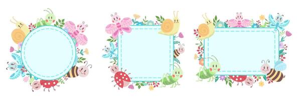 Set of frames for text with cute insects. Vector illustration