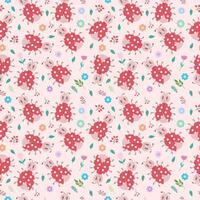Seamless pattern with ladybugs and flowers on a light background. Cute design, vector