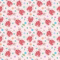 Seamless pattern with ladybugs and flowers on a light background. Cute design, vector