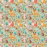 Cute children's seamless pattern with forest inhabitants - squirrel, fox, hare, owl and other animals. Wild animals in the forest vector print for children, or other projects