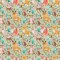 Cute children's seamless pattern with forest inhabitants - squirrel, fox, hare, owl and other animals. Wild animals in the forest vector print for children, or other projects