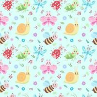 Seamless pattern with cute insects, flowers and leaves. Grasshopper, dragonfly, butterfly, ladybug, bee, snail. Vector