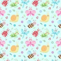 Seamless pattern with cute insects, flowers and leaves. Grasshopper, dragonfly, butterfly, ladybug, bee, snail. Vector