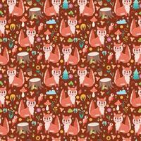 Seamless pattern with squirrel, forest elements - trees, flowers and on a dark background. Vector illustration, background color can be changed