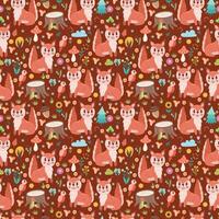 Seamless pattern with squirrel, forest elements - trees, flowers and on a dark background. Vector illustration, background color can be changed