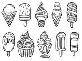 Vintage set of sketch linear drawing of different ice creams on a white background. Vector illustration