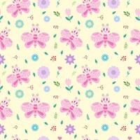Seamless cute pattern with pink butterflies and flowers on a light background vector