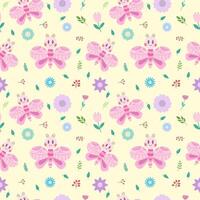 Seamless cute pattern with pink butterflies and flowers on a light background vector