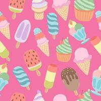 Seamless pattern with flat vector ice cream on a bright pink background.