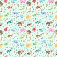 Seamless pattern with kawaii cute different insects on a light background. Vector illustration