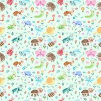 Seamless pattern with kawaii cute different insects on a light background. Vector illustration